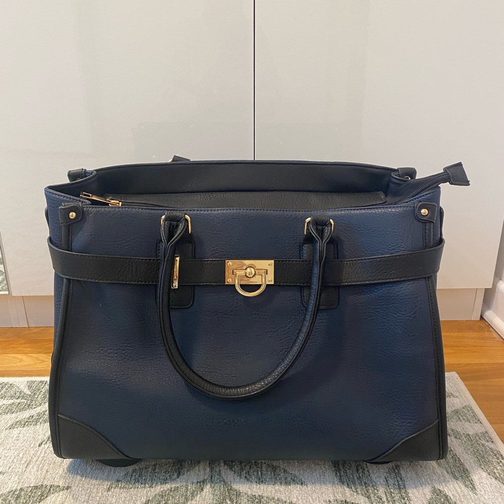 Classic Navy & Black Leather Tote with Gold Hardware